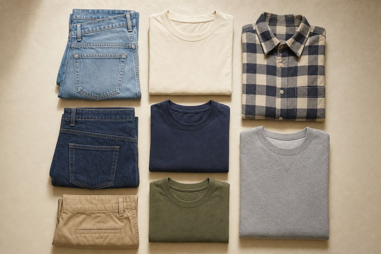 Garde-robe capsule vintage en seconde main, jeans et pièces essentielles bien rangés