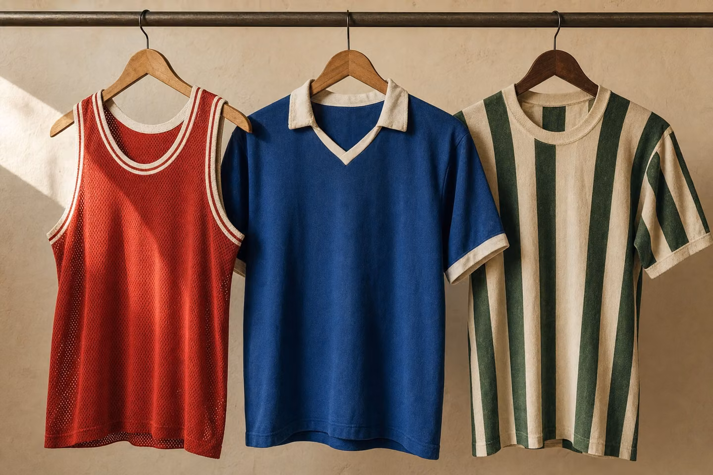 Sélection de maillots de sport vintage sur fond crème, esthétique friperie