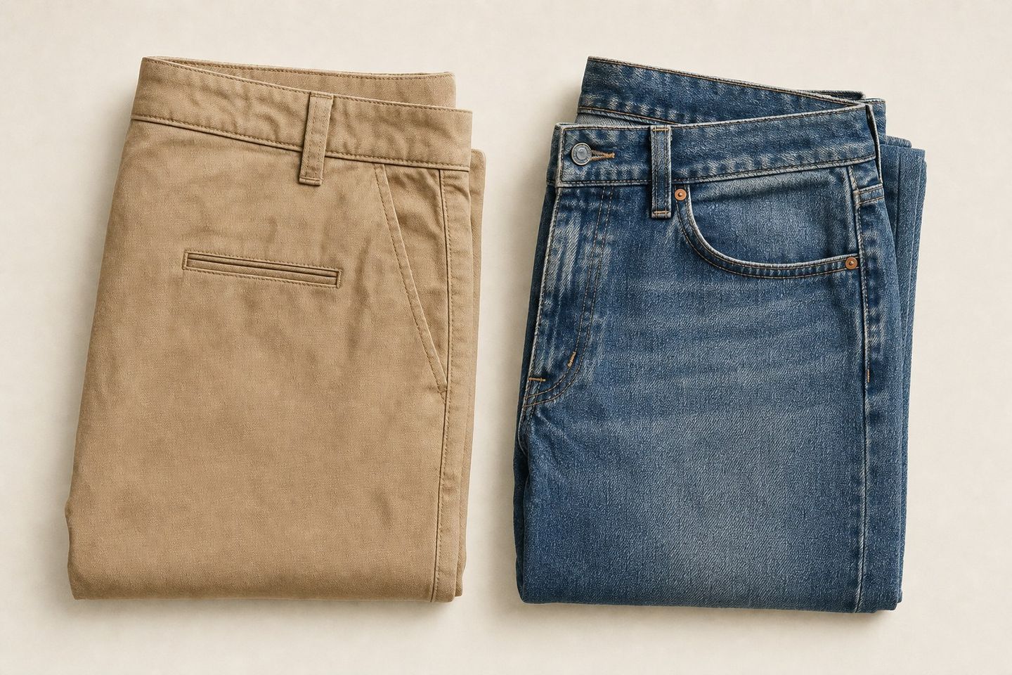 Chino vintage plié aux tons kaki et beige, pantalon workwear seconde main