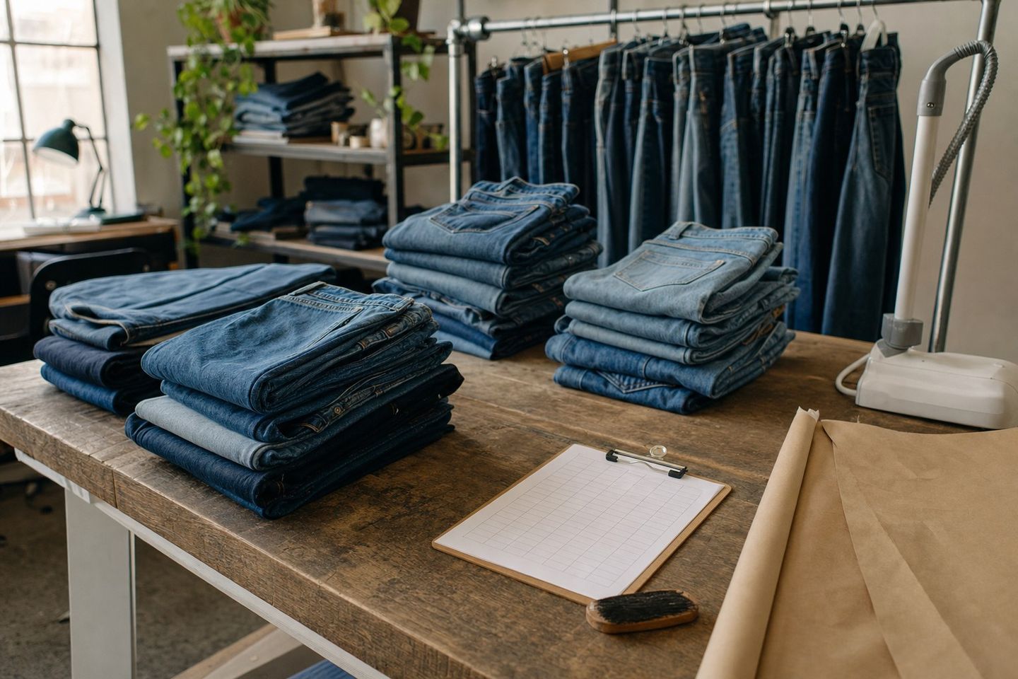 Atelier de tri : piles de jeans vintage sur une table, portant, presse-vapeur et fiche de notation
