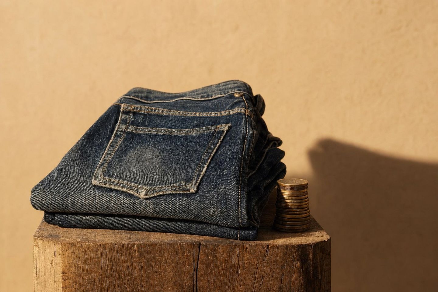 Jean vintage usé plié sur un socle en bois avec une pile de pièces — coût par port