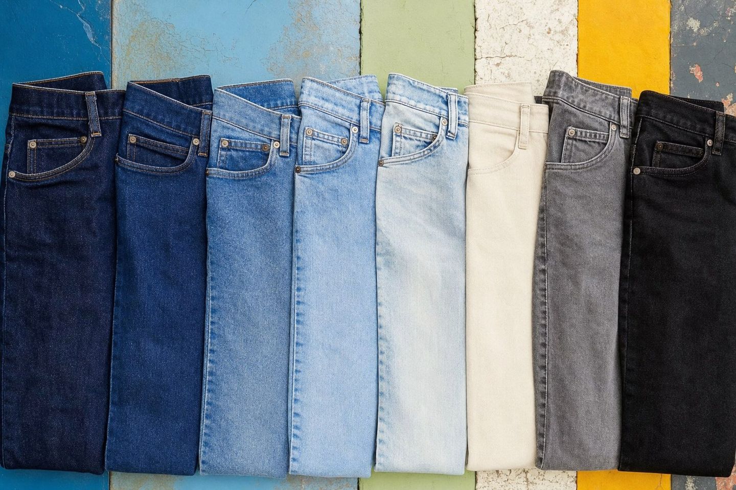 Rangée de jeans pliés en dégradé de délavages, de l'indigo brut à l'écru, gris et noir