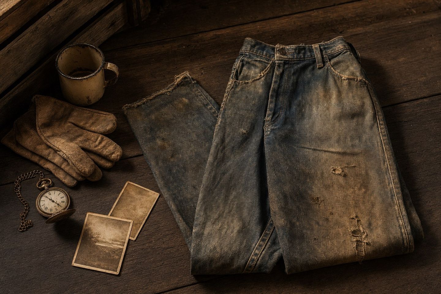 Vieux jean vintage usé sur bois ancien avec montre à gousset et photos sépia — ambiance patrimoine