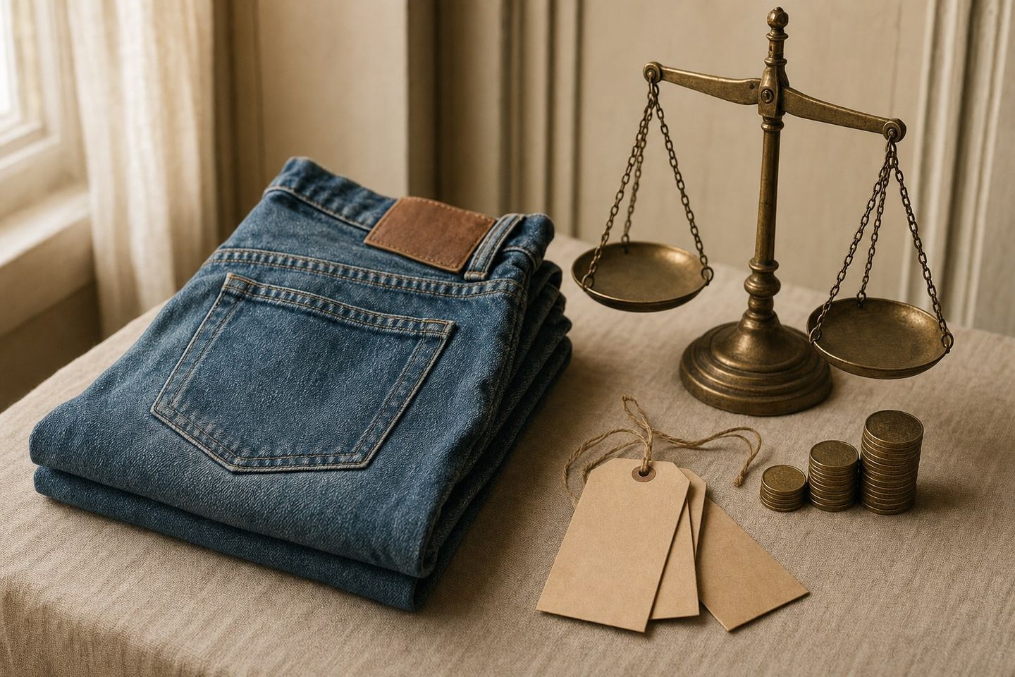 Jean vintage plié avec balance en laiton, pièces et étiquettes kraft vierges — estimer le juste prix