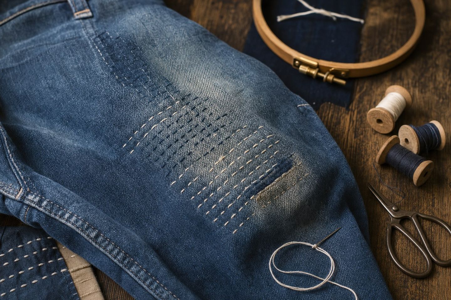 Genou de jean vintage réparé au point sashiko, cercle à broder, bobines et ciseaux — visible mending