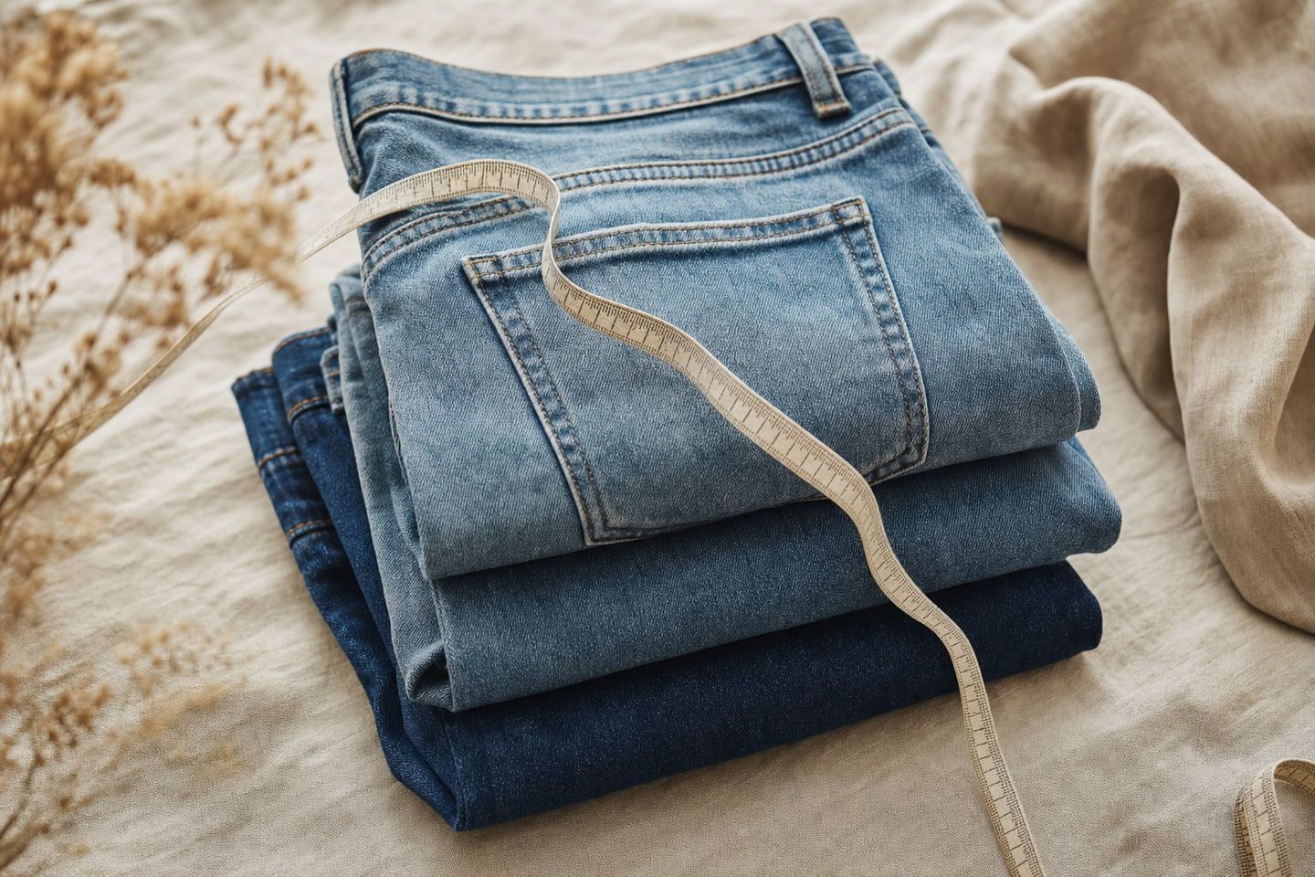 Jeans vintage pliés avec un mètre ruban, guide des tailles W/L