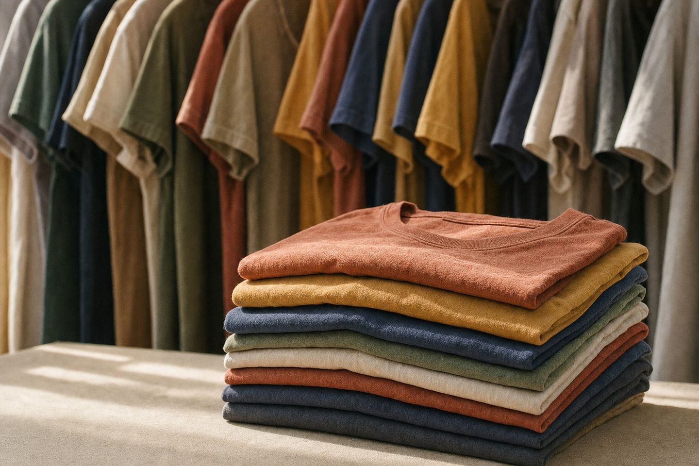 Pile de t-shirts vintage graphiques colorés, sélection seconde main