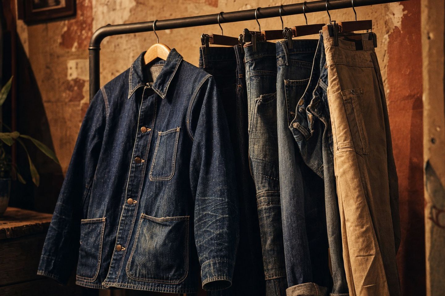 Portant de jeans et veste en denim vintage de différents délavages dans une friperie, lumière chaude