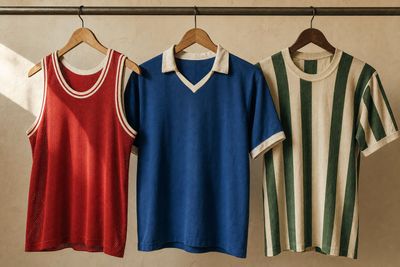 Sélection de maillots de sport vintage sur fond crème, esthétique friperie