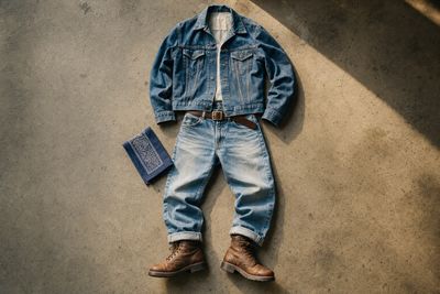 Tenue total denim (veste, jean, bottes) disposée au sol — look canadian tuxedo