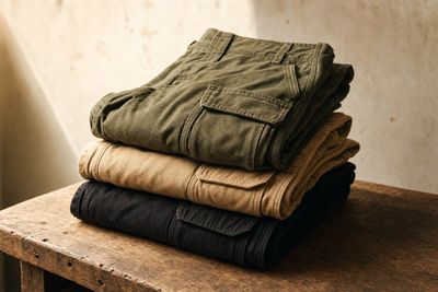 Pantalon cargo vintage workwear et streetwear posé sur fond crème