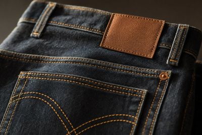 Gros plan sur une couture de poche arrière en denim vintage, détail de fil épais