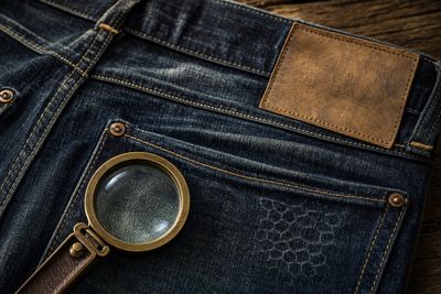 Gros plan sur l'arrière d'un jean vintage indigo avec loupe en laiton, rivets cuivre et délavages — authentification