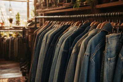 Vestes et jeans en denim vintage sur un portant en friperie