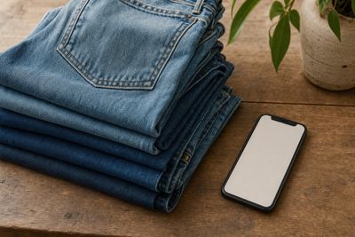 Pile de jeans vintage et smartphone, achat de seconde main en ligne