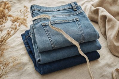 Jeans vintage pliés avec un mètre ruban, guide des tailles W/L
