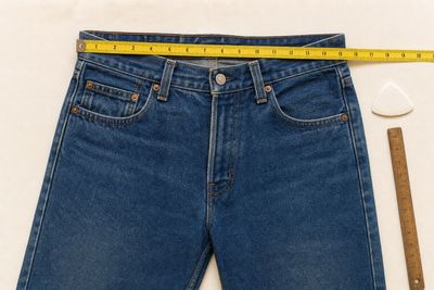 Jean vintage à plat avec mètre ruban jaune sur la taille, craie et règle de tailleur